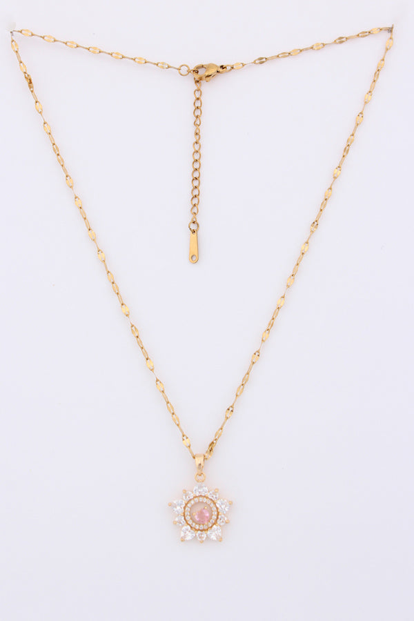 Pinky Heart Stone Framed In Star Gold Polish Necklace (P018)
