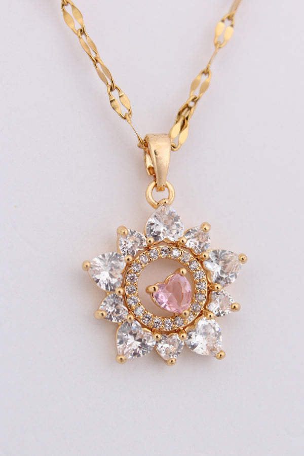 Pinky Heart Stone Framed In Star Gold Polish Necklace (P018)
