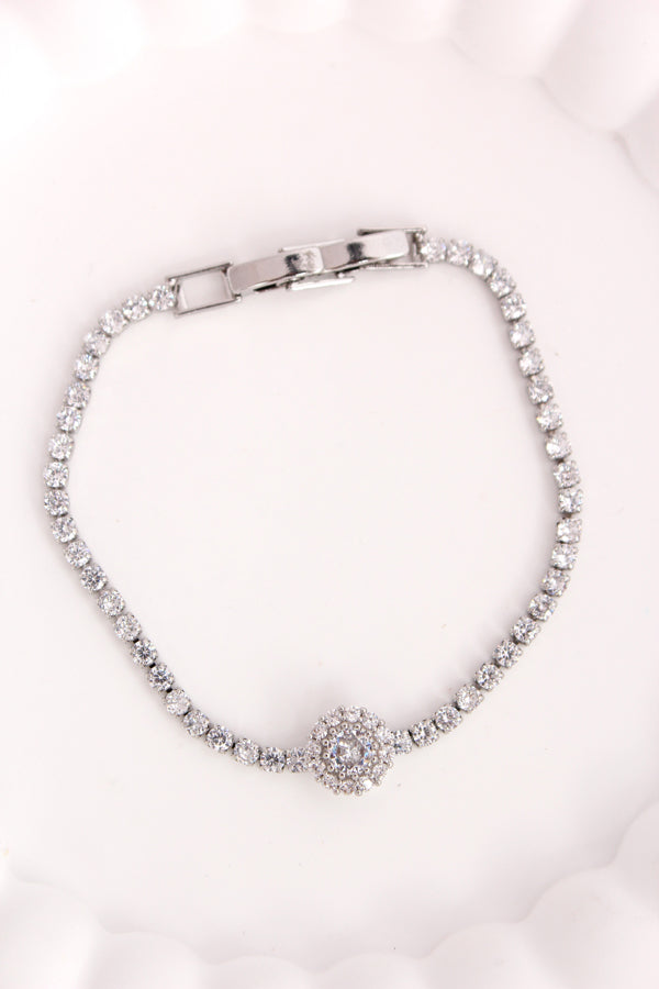 Silver Polish Narrow Tennis Bracelet With Attached Pendant (BR001-S)