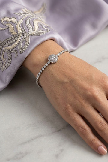 Silver Polish Narrow Tennis Bracelet With Attached Pendant (BR001-S)