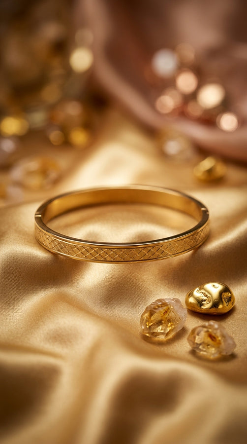 Wide Gold Bangle Stainless Steel With White Colour Design (ESBA049)