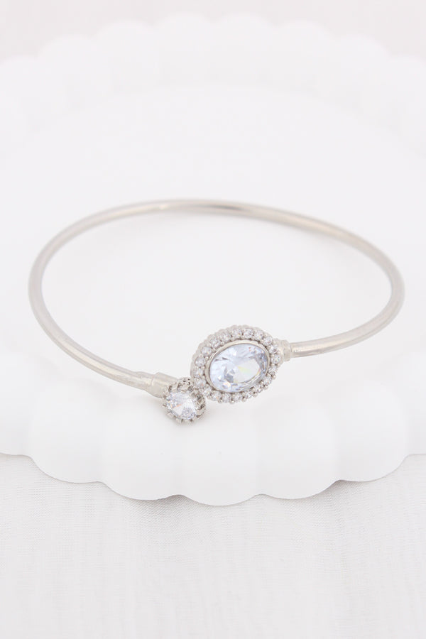 Slim Anti Tarnish Silver Bangle With Double Stones (BA004)