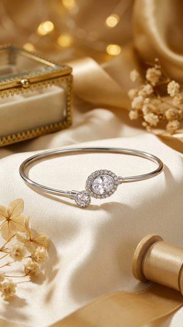 Slim Anti Tarnish Silver Bangle With Double Stones (BA004)