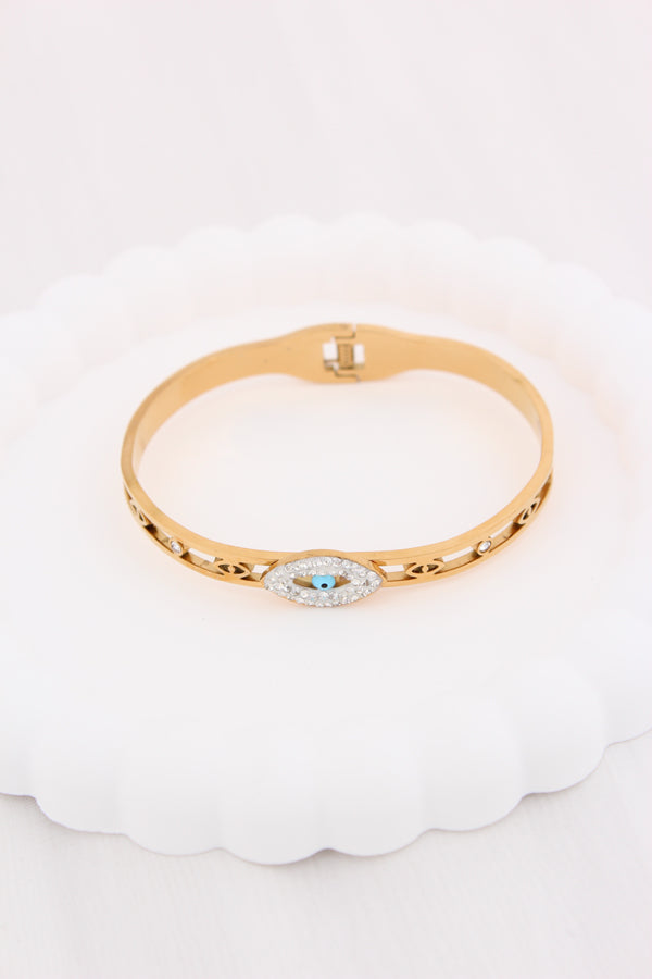 Stainless Steel Gold Bangle With Evil Eye (BA035)