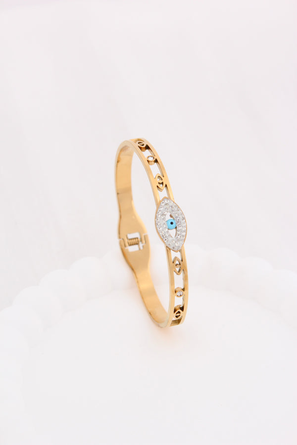 Stainless Steel Gold Bangle With Evil Eye (BA035)