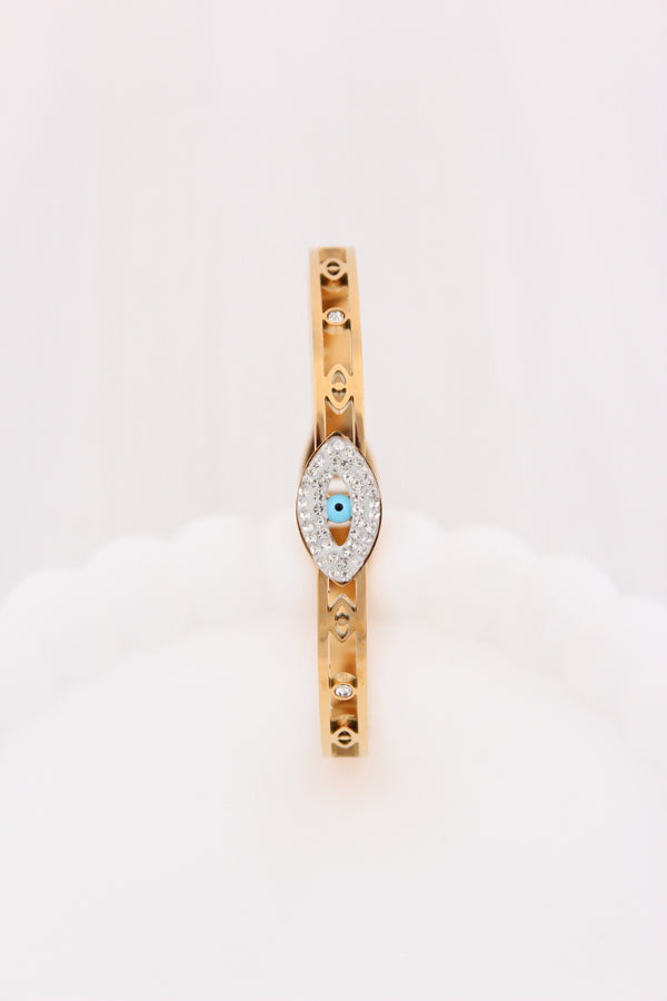 Stainless Steel Gold Bangle With Evil Eye (BA035)