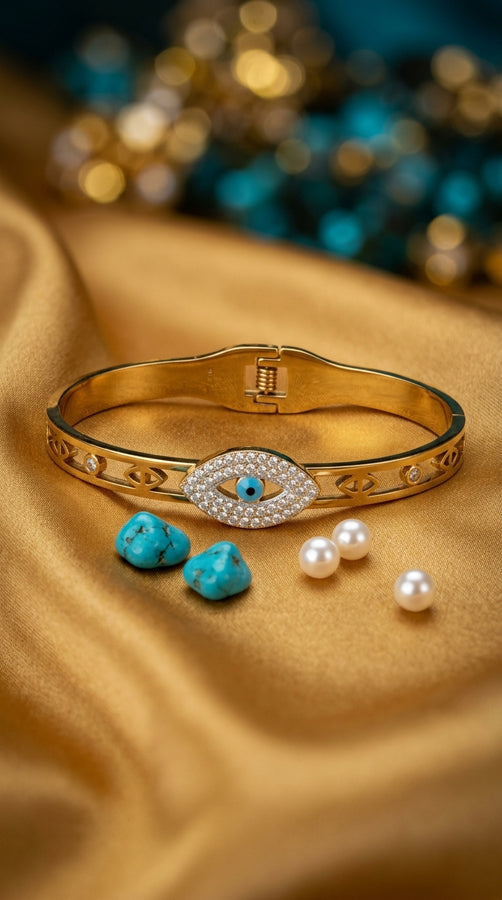 Stainless Steel Gold Bangle With Evil Eye (BA035)