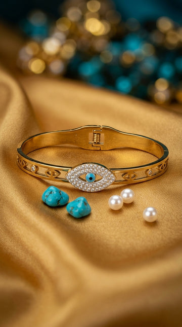 Stainless Steel Gold Bangle With Evil Eye (BA035)