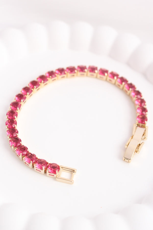 Tennis Bracelet With Dark Pink Colour Stones (BR002)